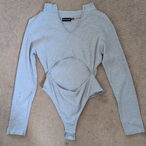 Pretty Little Thing Long Sleeve Ribbed Cut Out Midriff Grey High Neck Bodysuit